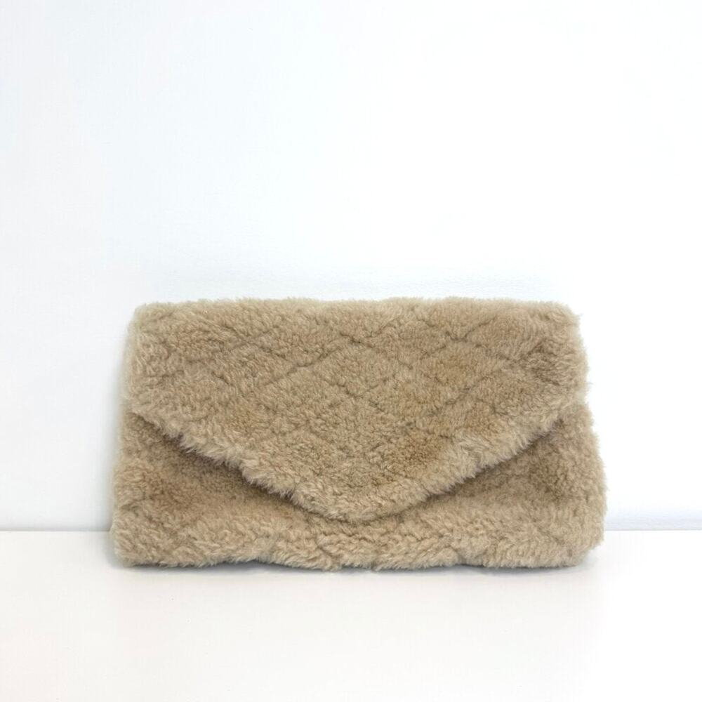 SAINT LAURENT Tan Shearling Envelope Clutch Quilted Beige Large Flap Pouch YSL